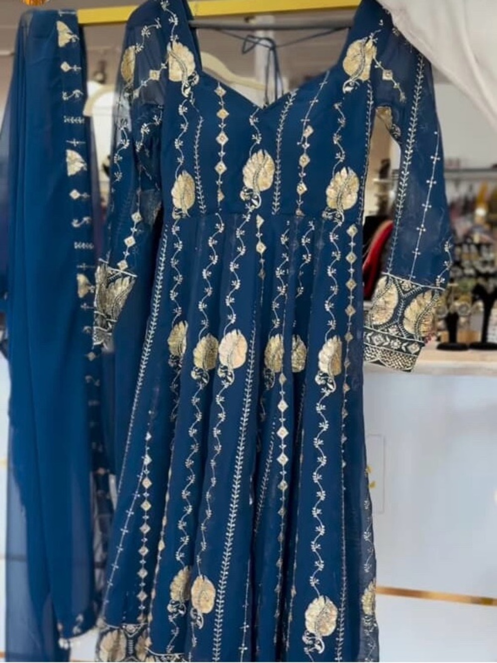 Embroidered Navy & Gold Anarkali Dress
